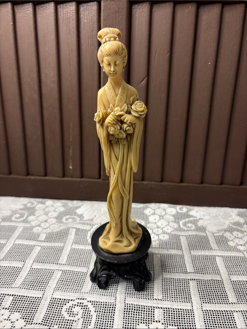 Vintage Ivorene Chinese Asian Maiden holding a Bundle of Roses